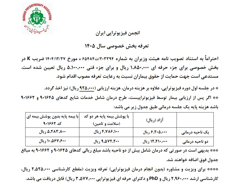 تعرفه انجمن فیزیوتراپی برای کلینیک خصوصی 1405